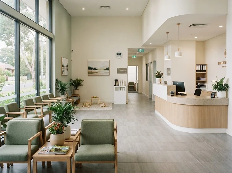Reception and waiting area of a modern Newcastle medical centre
