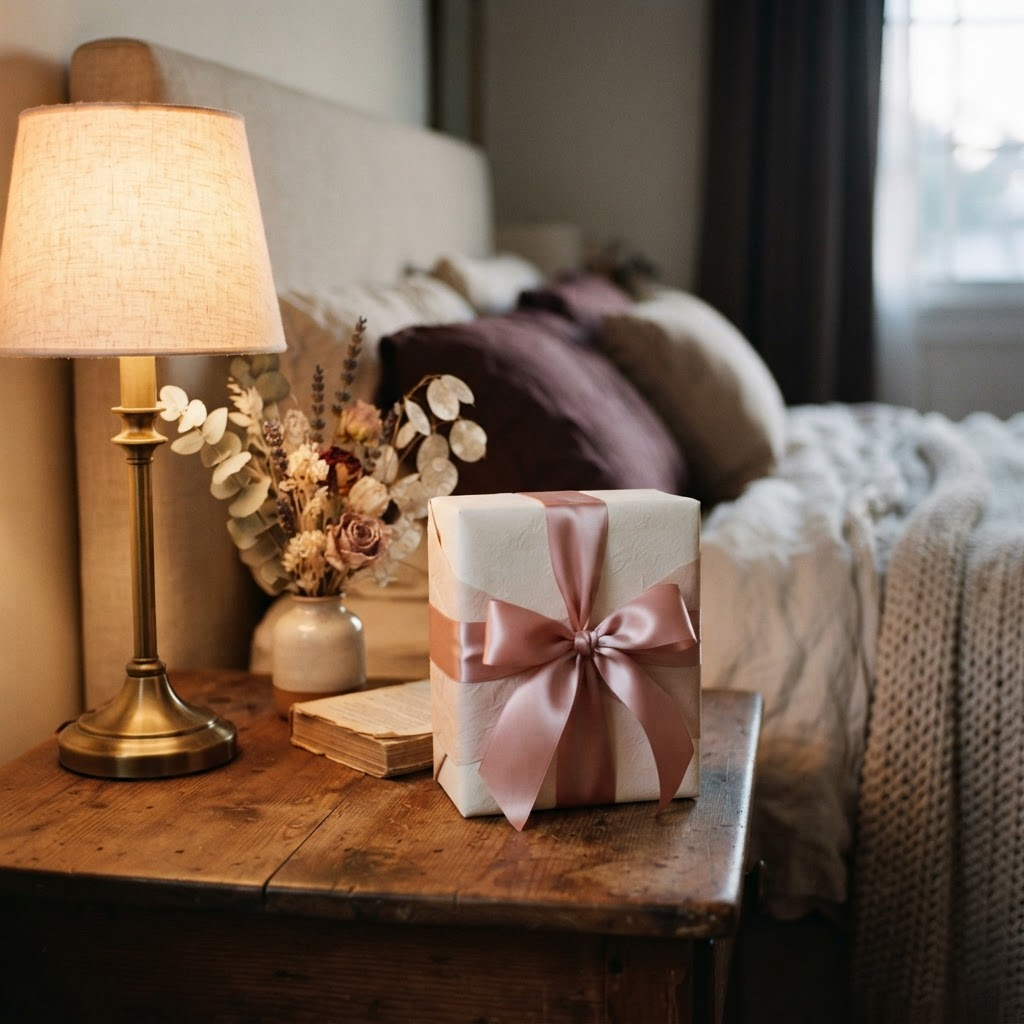 An elegant wrapped gift with roses and a gold necklace