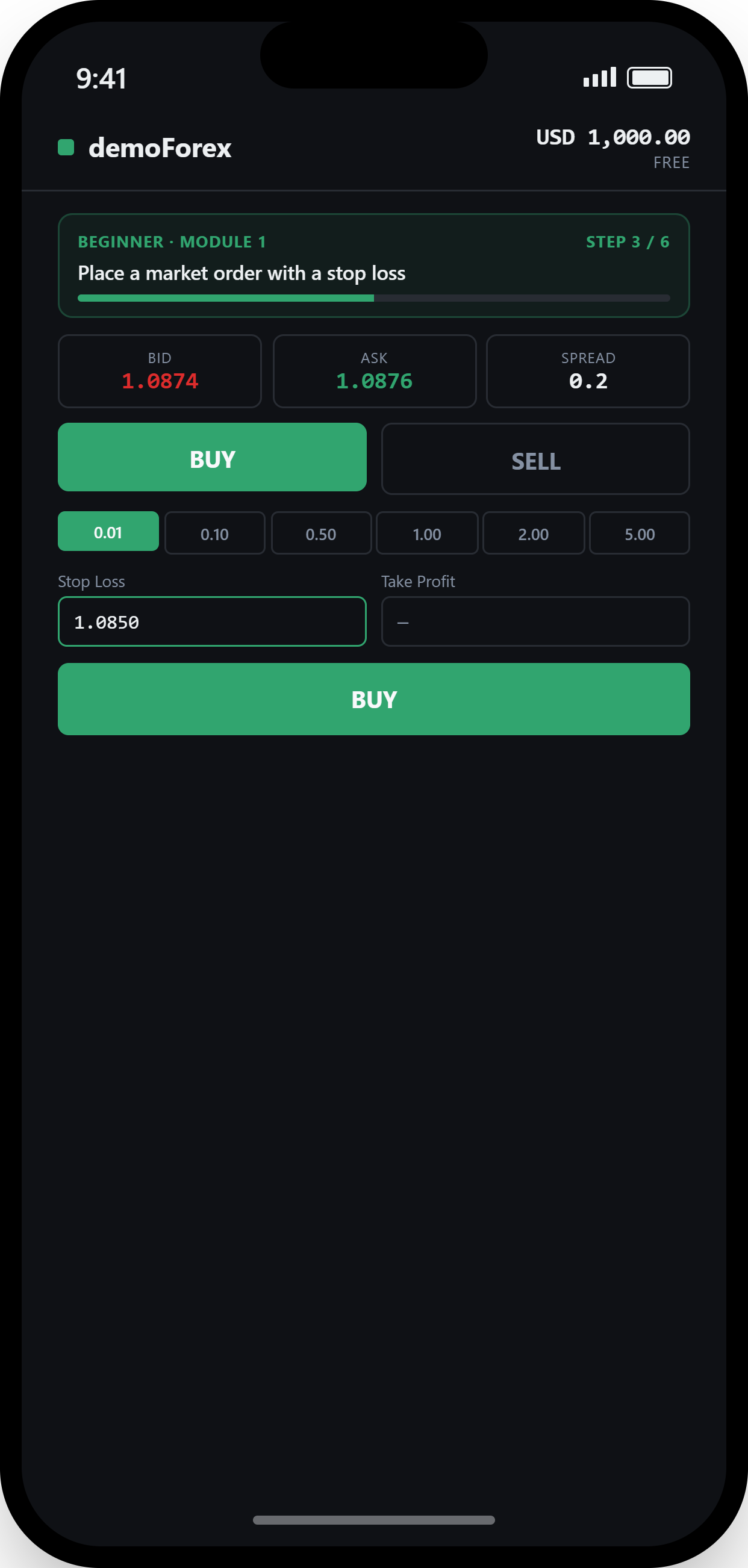 demoForex Beginner Training screen showing step 3 of 6 with market order placement task