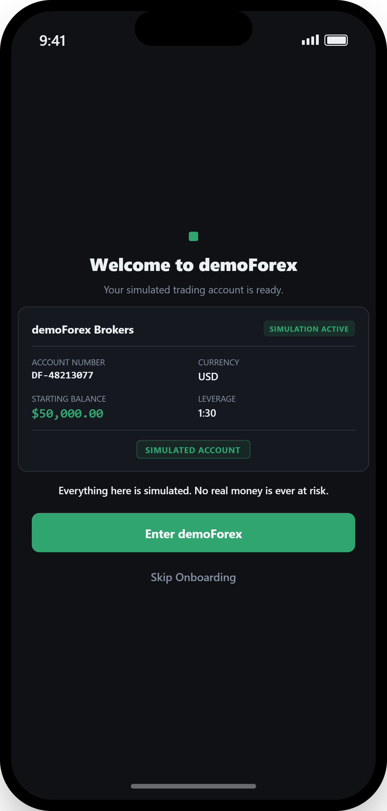 demoForex onboarding welcome screen showing simulated account details and enter button