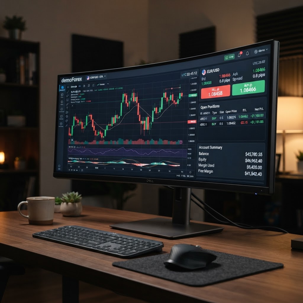 demoForex trading terminal showing EUR/USD candlestick chart, bid/ask prices, BUY/SELL buttons, open positions, and account balance