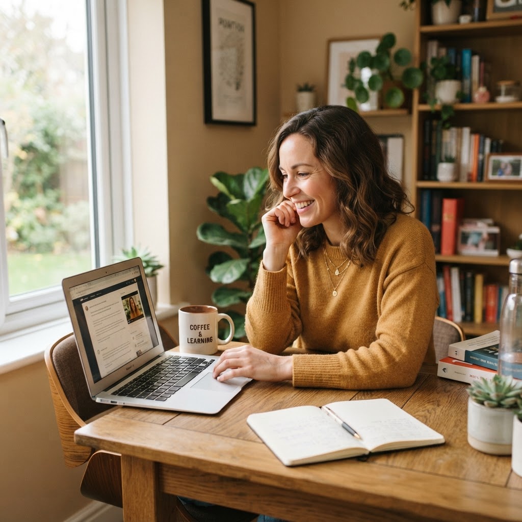 Healthy smiling woman studying on her laptop