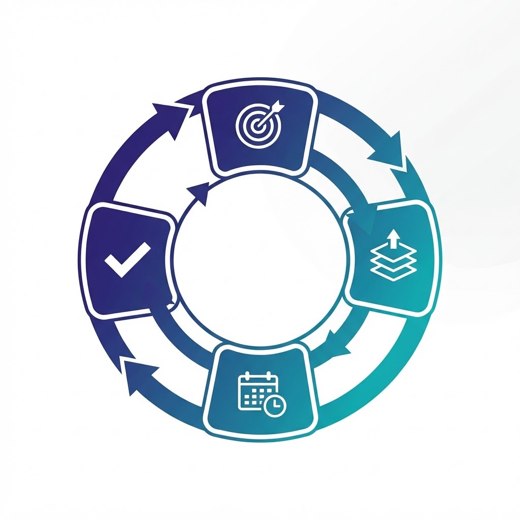 Infographic: de planningloop in vier stappen — doel bepalen, opslitsen, dag vullen en evalueren
