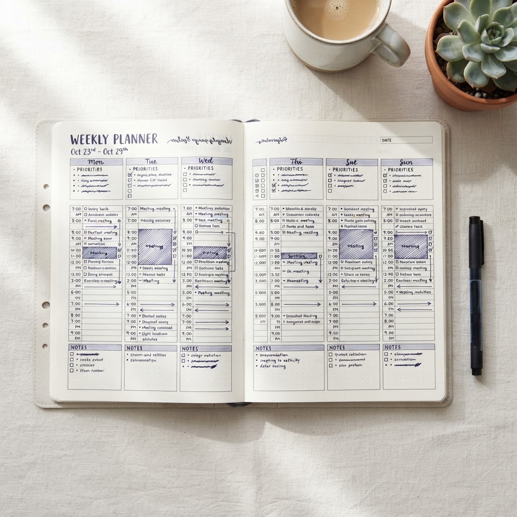 Voorbeeld van een ingevulde weekpagina in een digitale planner