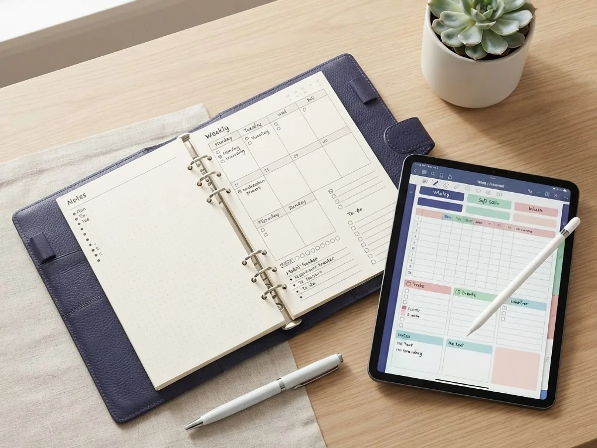 Plan Vonk productmockup: een open planner en een spreadsheet op een bureau