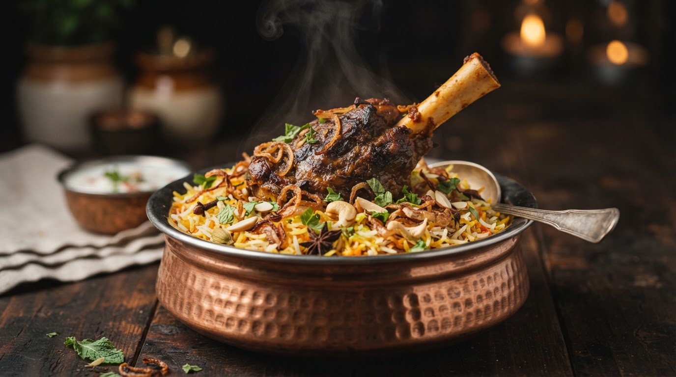 Smoked masala roast lamb shank biryani