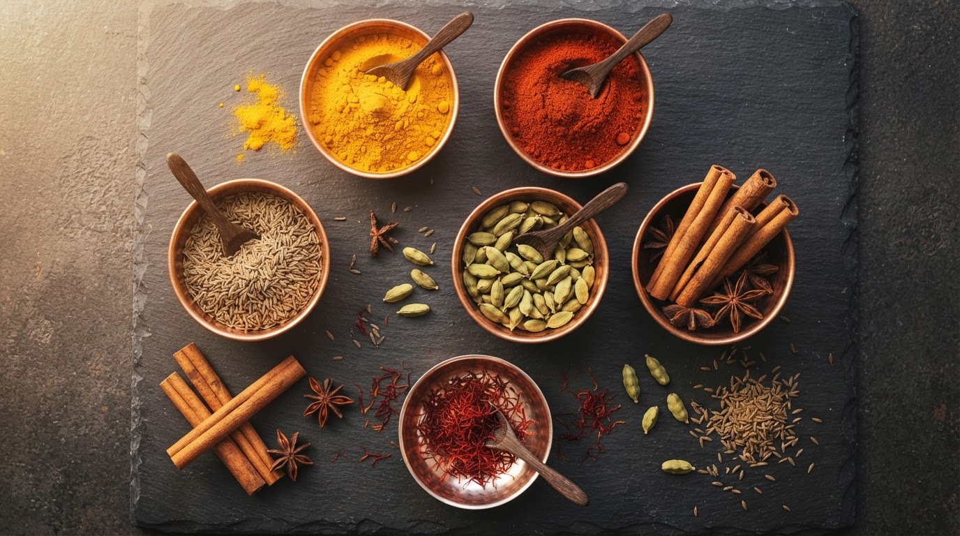 Assorted Indian spices in copper bowls
