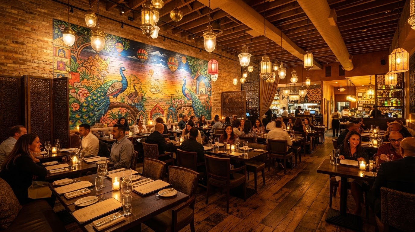 Warm glowing Indian restaurant interior