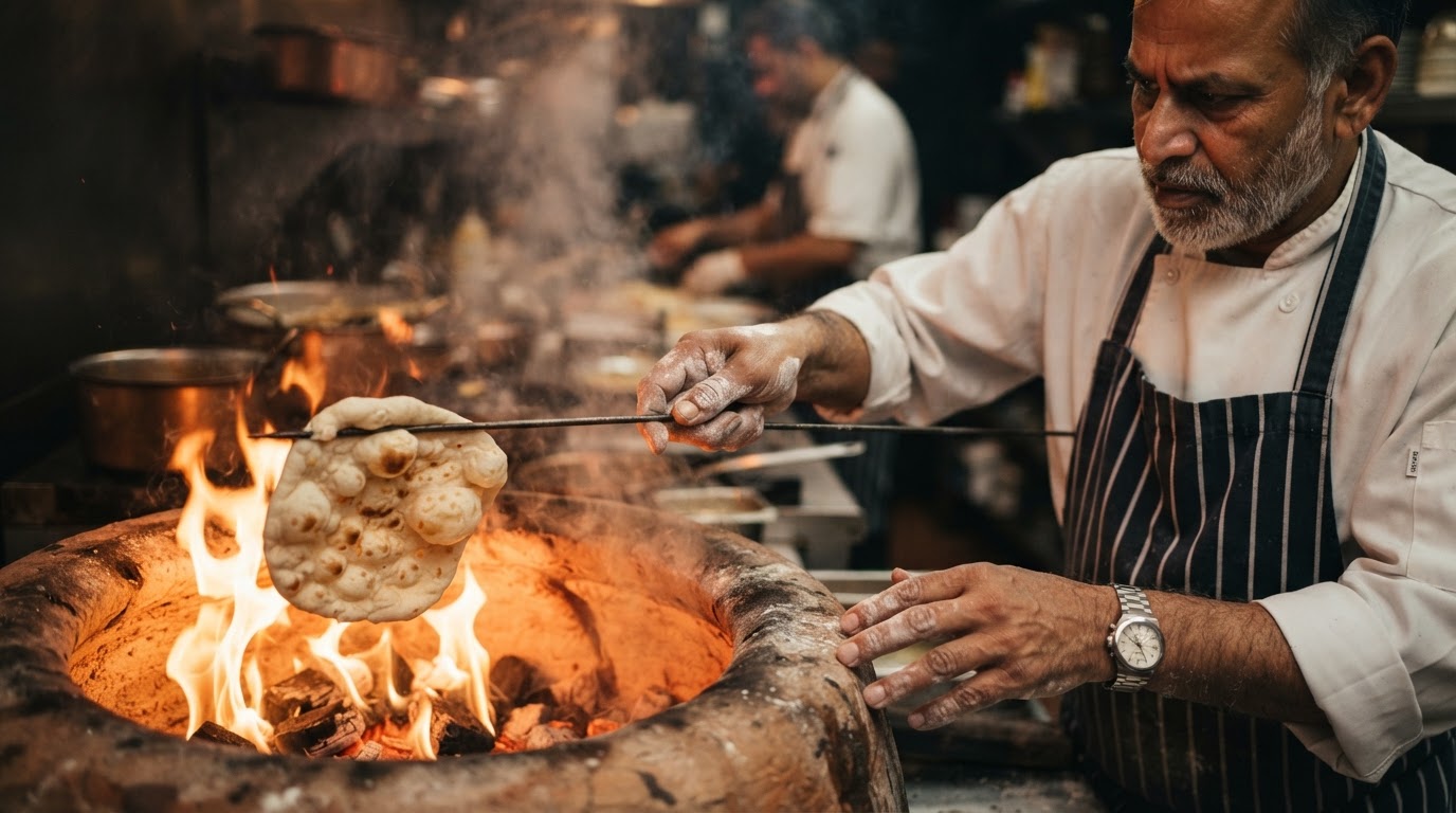 Chef placing naan bread into a tandoor oven