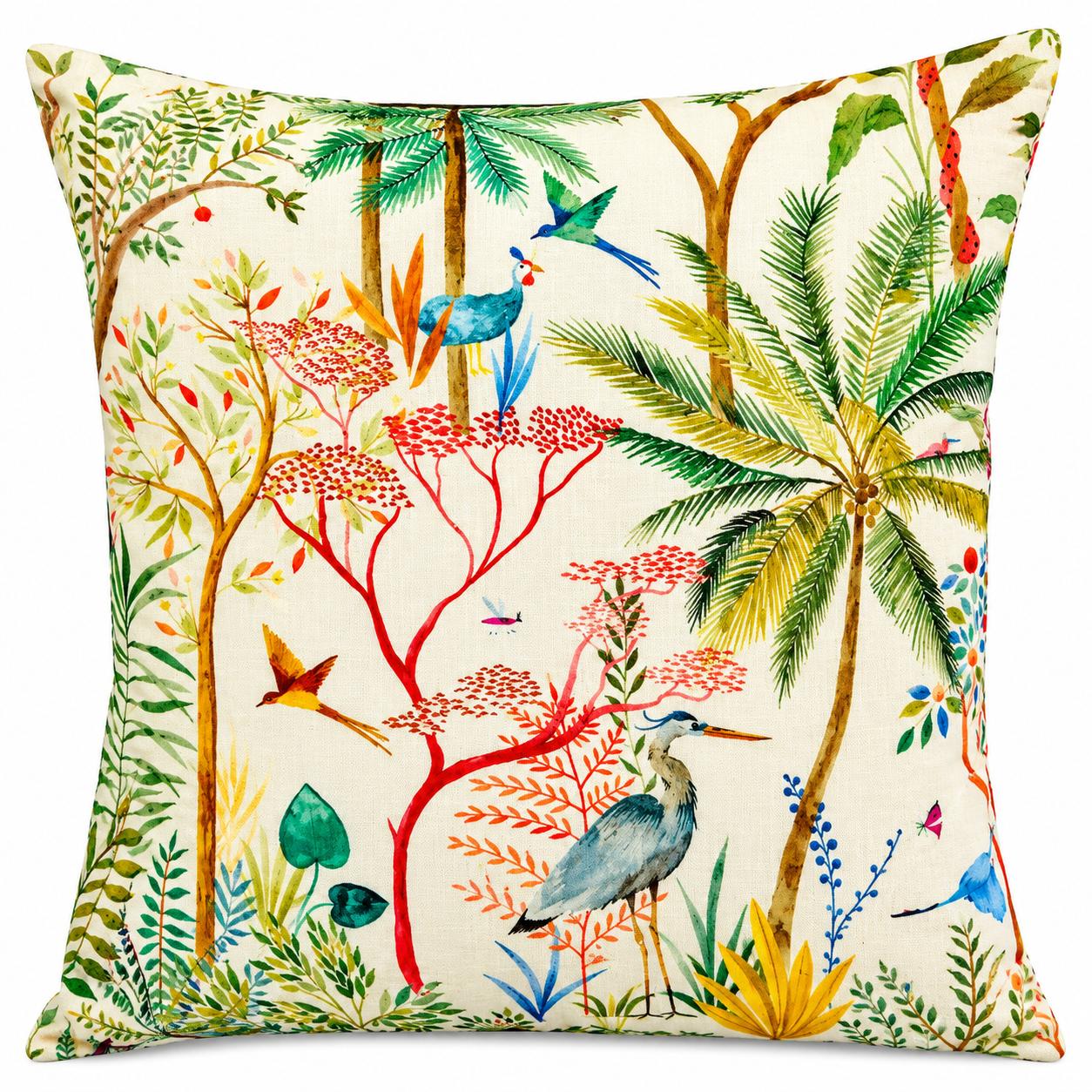 Capa de almofada em tela creme com estampado tropical e pássaros