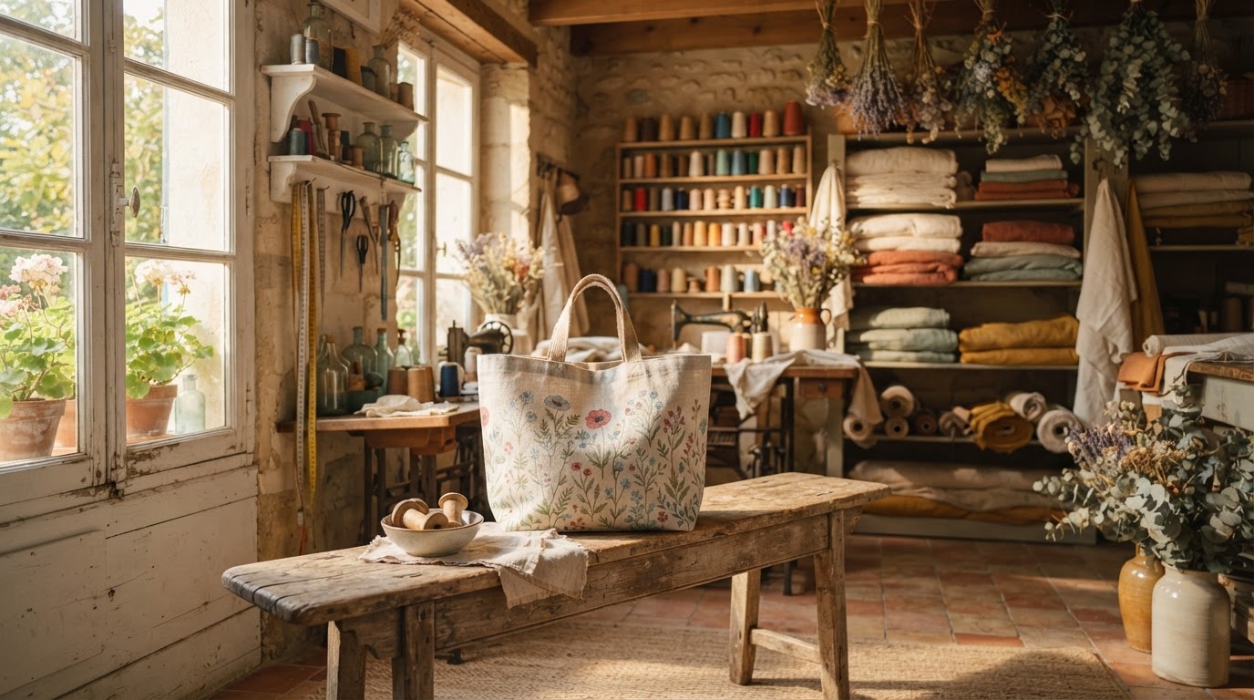 Atelier artesanal da MARIA & LINHAS com peças têxteis em luz natural