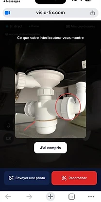 Écran du client : « Ce que votre interlocuteur vous montre », l'image du siphon annotée, et le bouton J'ai compris