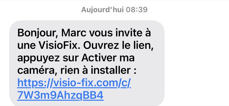SMS reçu par le client, avec le lien vers la VisioFix