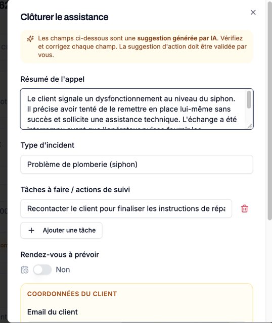 Fenêtre « Clôturer l'assistance » : résumé, type d'incident et tâches proposés par l'IA, à vérifier