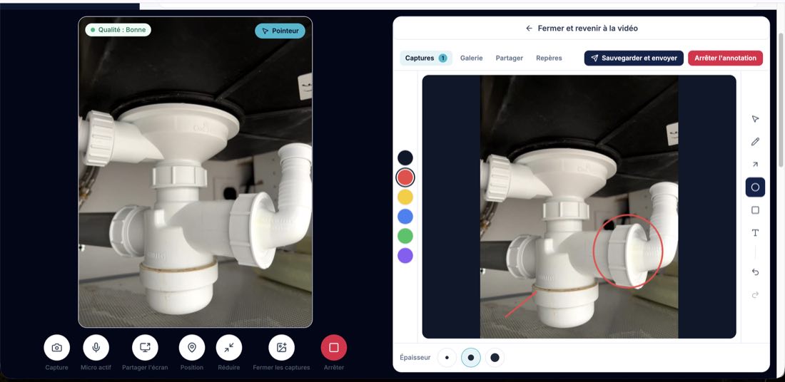 Console VisioFix : l'artisan entoure une pièce du siphon sur une capture de la vidéo