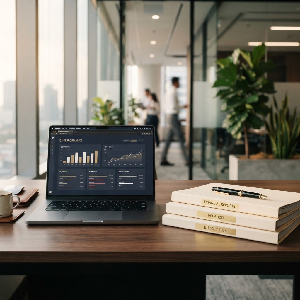 Professional office desk with laptop showing financial dashboard, documents and pen