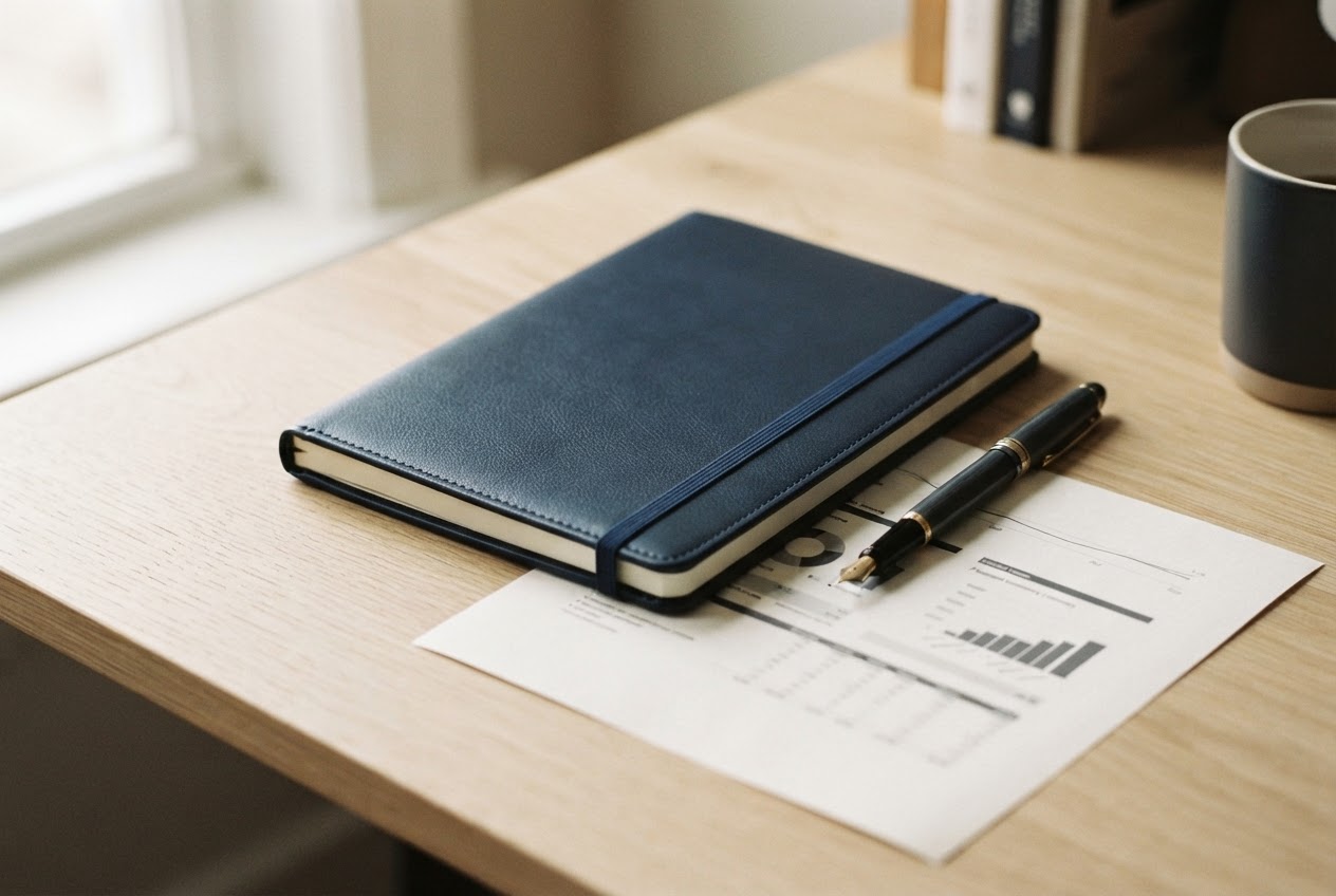 Notebook, pen and printed financial summary on a desk