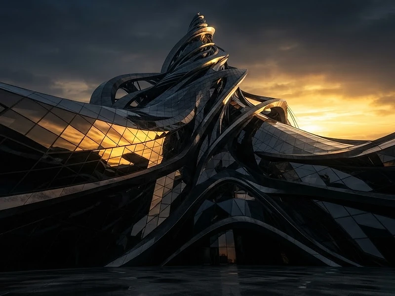 Arquitectura futurista de cristal y metal iluminada por un amanecer dorado