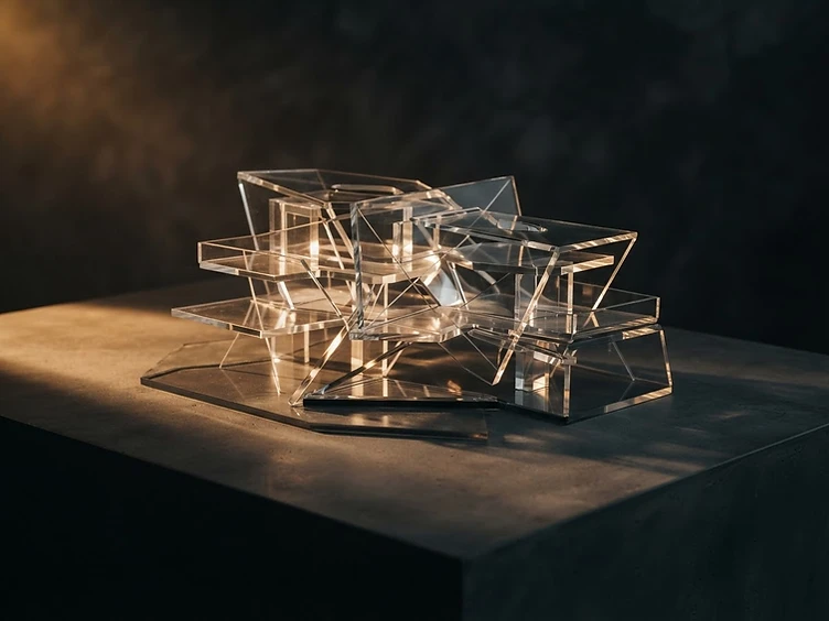 Maqueta arquitectónica de cristal sobre fondo grafito