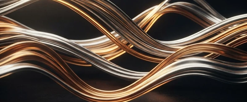 Seda de metal líquido fluyendo en ondas elegantes sobre un vacío obsidiano