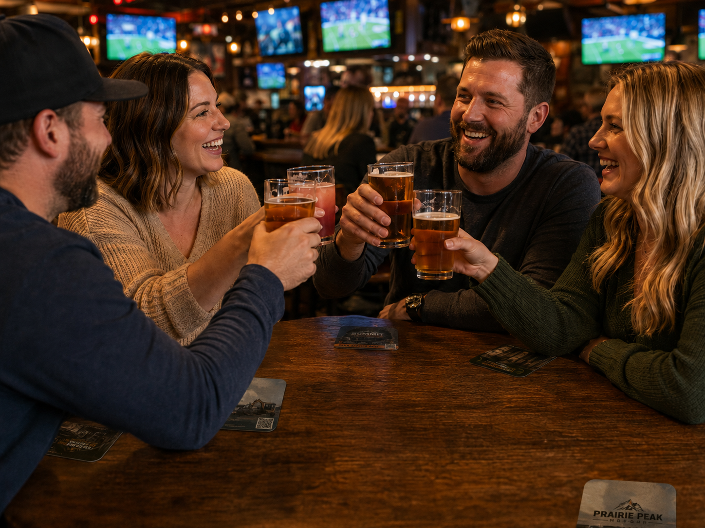 Friends toasting drinks over advertising coasters at a bar table