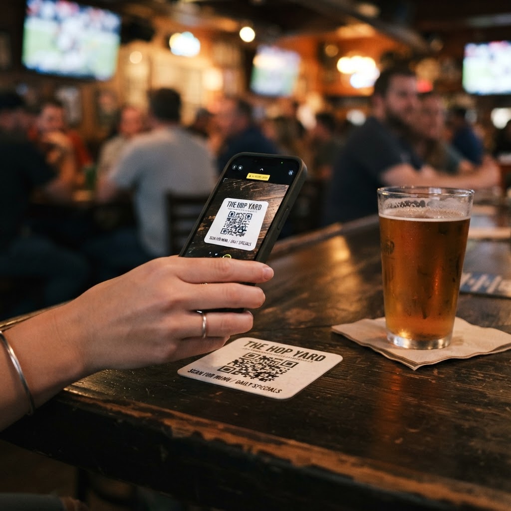 A customer scanning a coaster to win