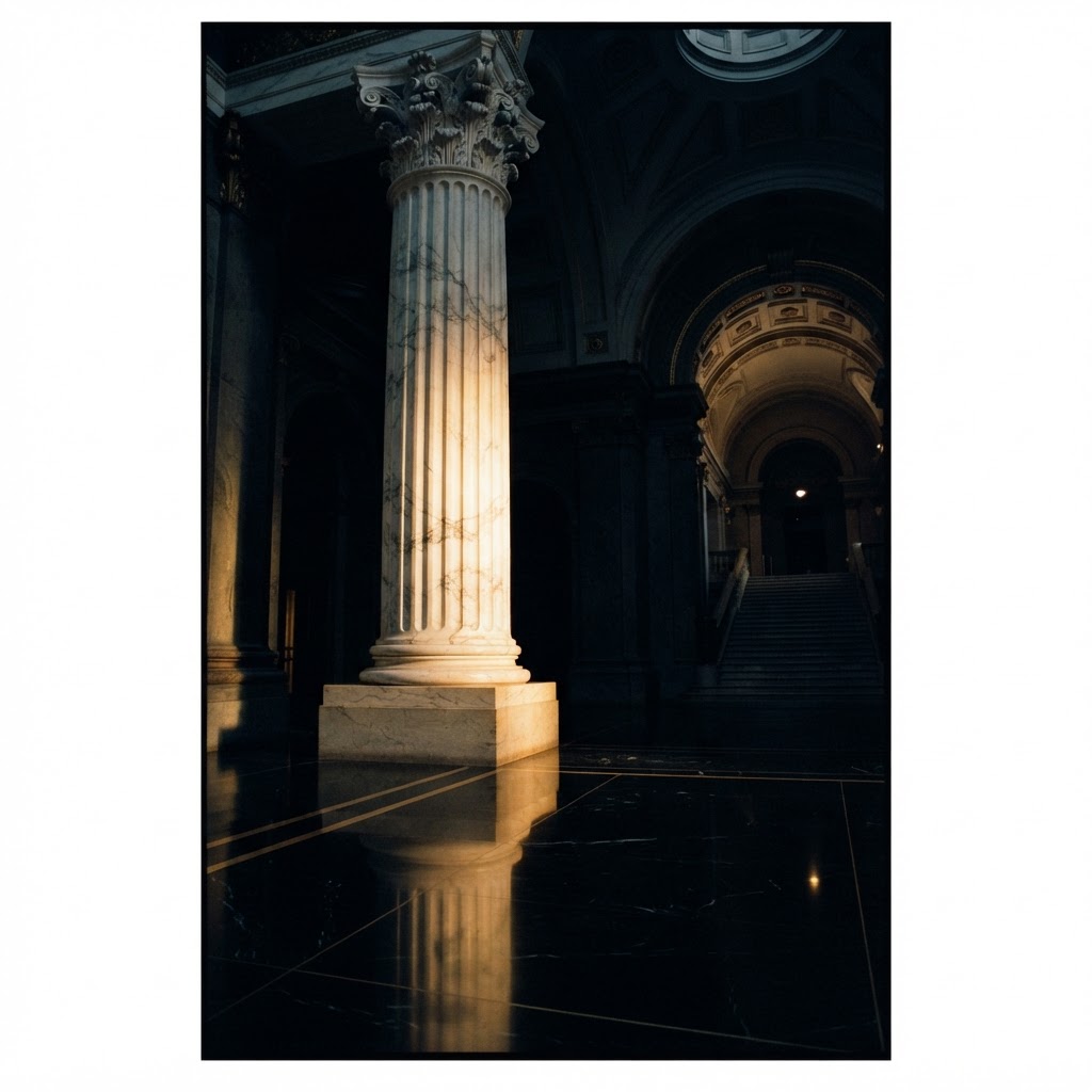 Monumental courthouse column in golden light