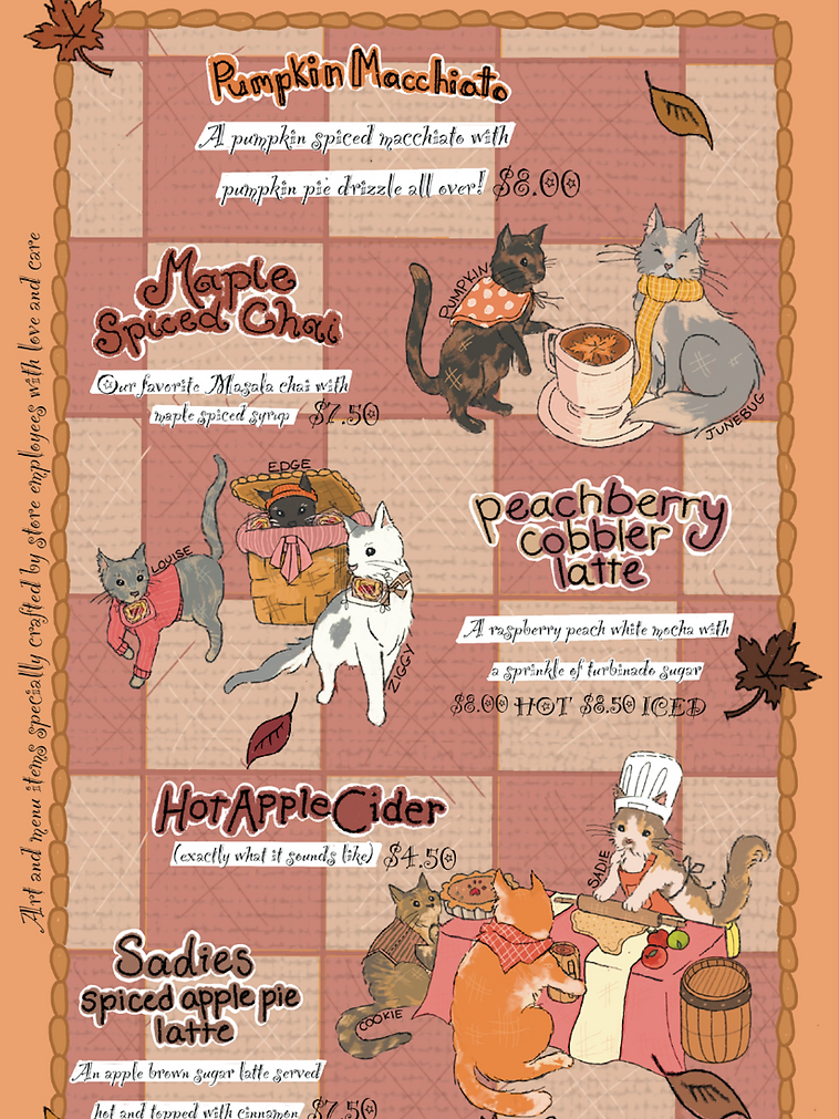 Abi's Fall Season Menu, illustrated by Marielle - featuring the baristas' cats