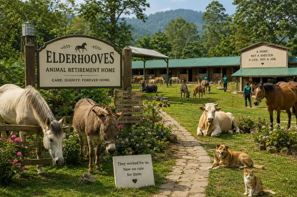 Illustration of an imagined animal retirement home: donkeys, horses, cattle, a dog and a cat resting in a green campus with stables behind and a sign reading care, dignity, forever home