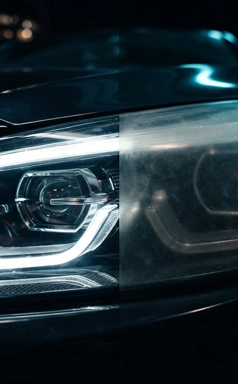Restored luxury car headlight glowing at night