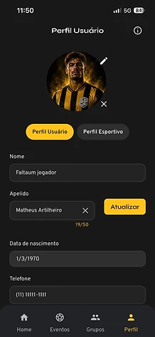 Perfil atualizado do jogador com foto e dados pessoais