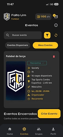 Meus eventos no Falta Um com data, horário, local e vagas disponíveis