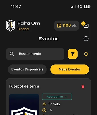 Meus eventos no Falta Um com data, horário, local e vagas disponíveis