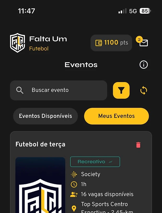Meus eventos no Falta Um com data, horário, local e vagas disponíveis