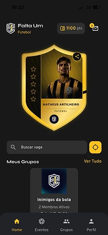 Tela inicial atualizada do Falta Um com modalidade, perfil, grupos e busca de vagas