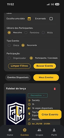 Busca de eventos com filtros e informações do local da partida