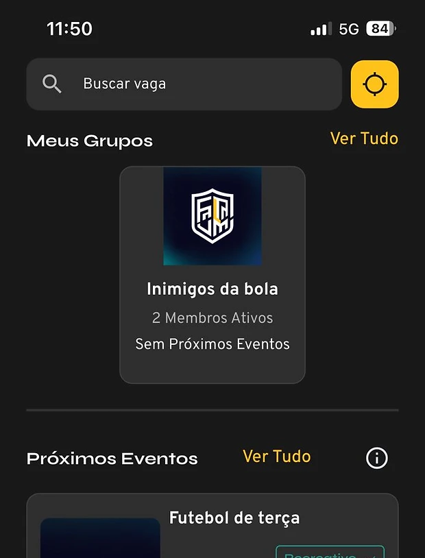 Tela inicial com grupo e próximo evento confirmado