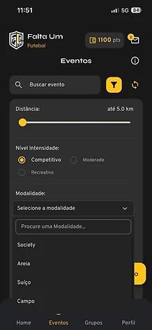 Filtros de eventos por distância, intensidade e modalidade