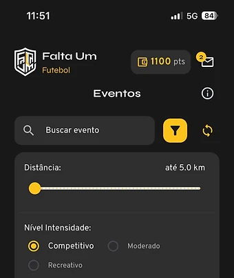 Filtros de eventos por distância, intensidade e modalidade