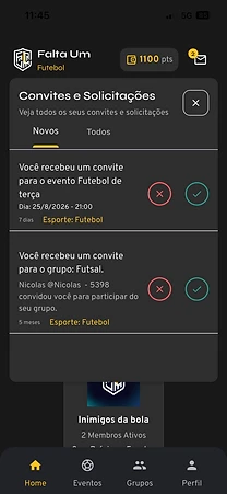 Convites e solicitações com ações para aceitar ou recusar