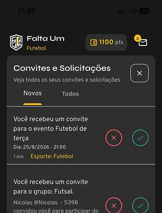 Convites e solicitações com ações para aceitar ou recusar