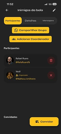 Grupo esportivo com participantes e opção para compartilhar o convite