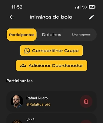 Grupo esportivo com participantes e opção para compartilhar o convite