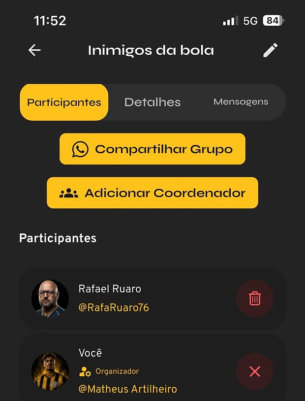 Grupo esportivo com participantes e opção para compartilhar o convite