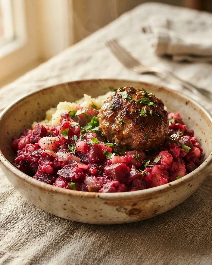 Rodebiet, aardappelpuree met gehaktbal