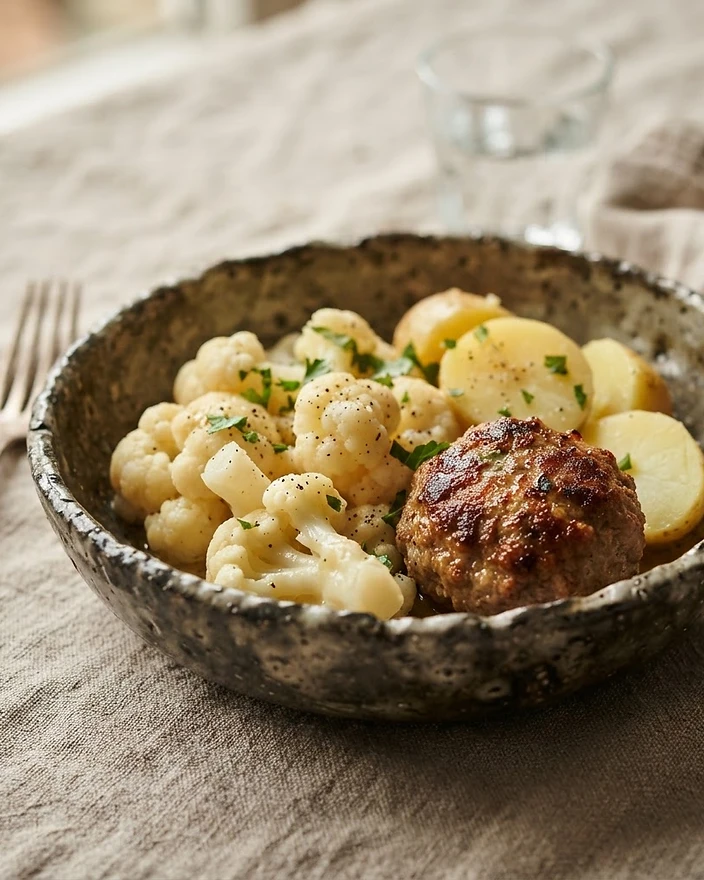 Bloemkool, aardappel & gehaktbal