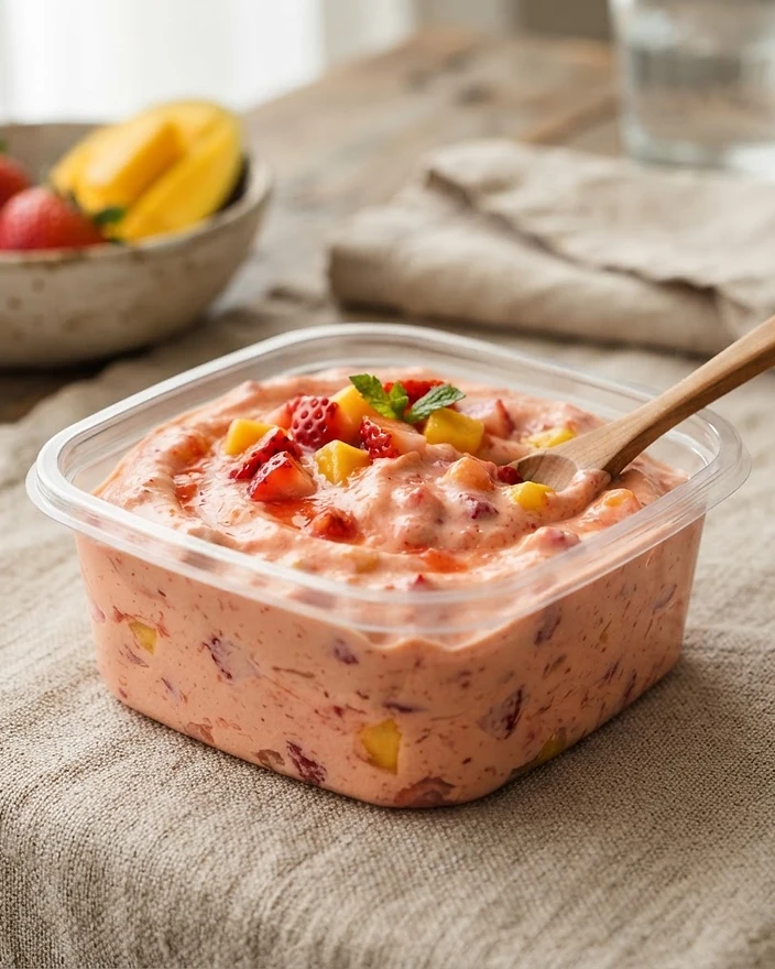 Crème fraîche met aardbei en mango