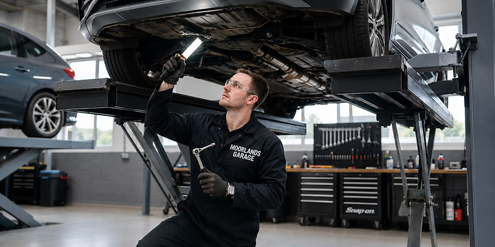 Moorlands Garage mechanic inspecting a vehicle on a workshop ramp