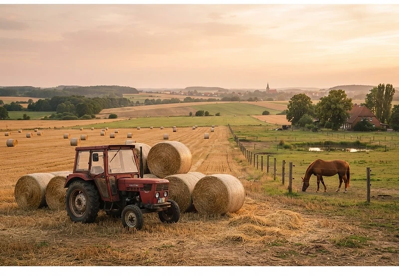 Traktor, Heuballen und Pferd auf einem Brandenburger Feld zur goldenen Stunde