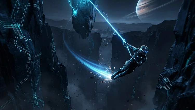 A rider swinging on a glowing energy tether through a neon canyon